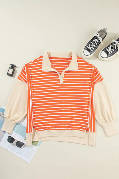 Explore More Collection - Slit Striped Long Sleeve Sweatshirt