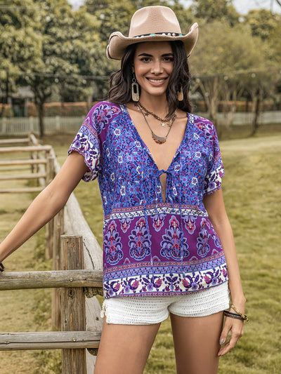 Explore More Collection - Printed Tie Neck Short Sleeve Blouse