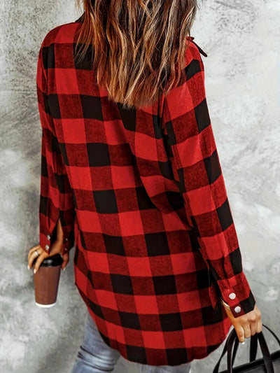 Explore More Collection - Plaid Collared Neck Snap Down Long Sleeve Jacket