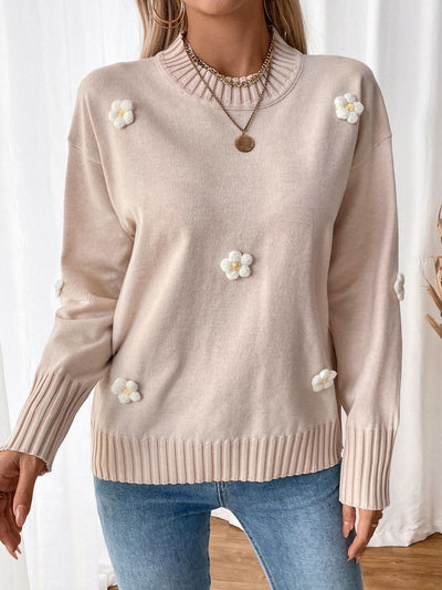 Explore More Collection - Perfee Flower Round Neck Long Sleeve Sweater