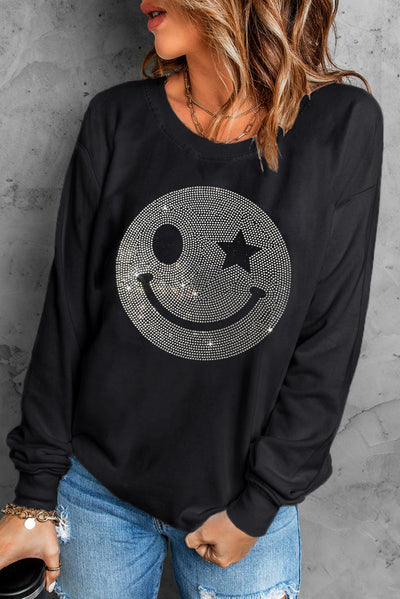 Explore More Collection - Rhinestone Smile Long Sleeve Sweatshirt