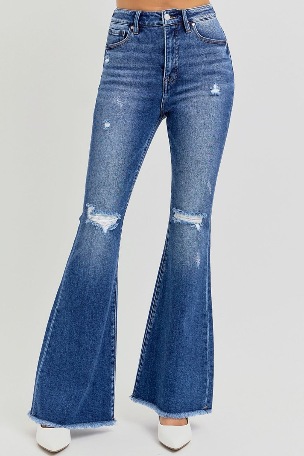 Explore More Collection - RISEN Full Size High Rise Distressed Raw Hem Flare Jeans