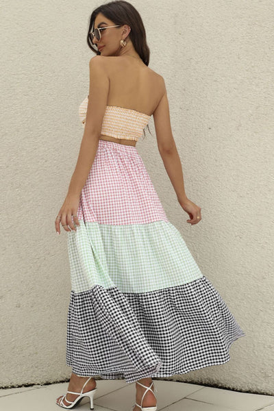 Explore More Collection - Plaid Strapless Top and Tiered Skirt Set