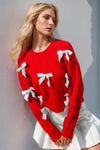 Explore More Collection - Double Take Full Size Bow Cable-Knit Round Neck Sweater