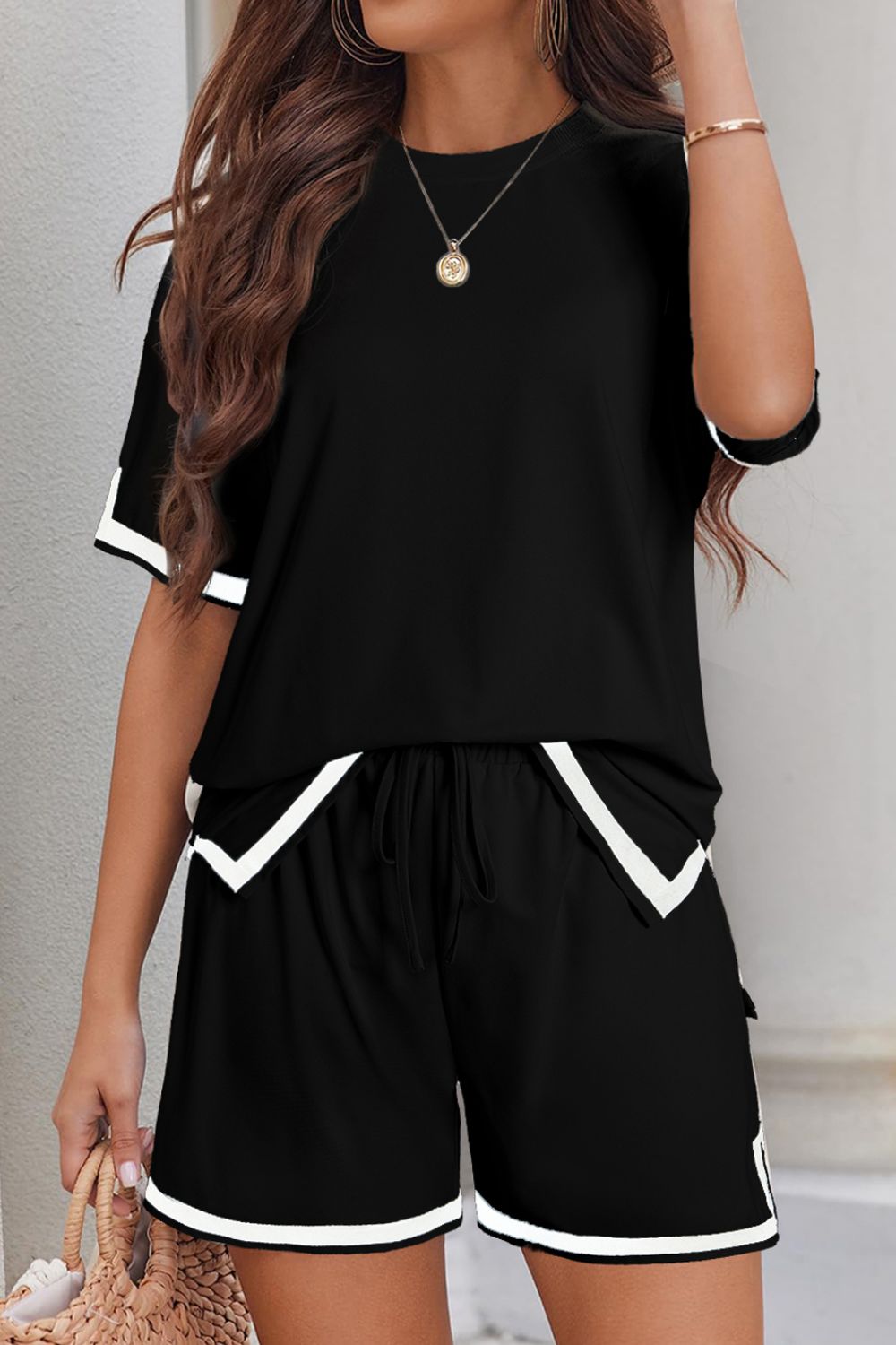 Explore More Collection - Contrast Trim Half Sleeve Top and Shorts Set