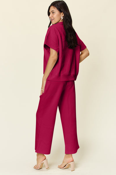 Explore More Collection - Double Take Full Size Texture Half Zip Short Sleeve Top and Pants Set