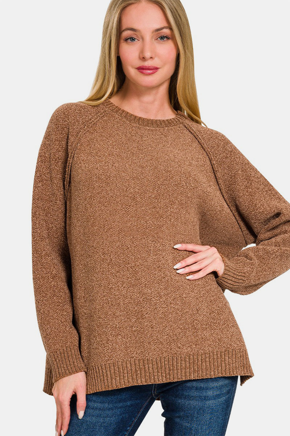 Explore More Collection - Zenana Side Slit Raglan Sleeve Sweater