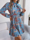 Explore More Collection - Pleated Printed Tie Neck Long Sleeve Dress