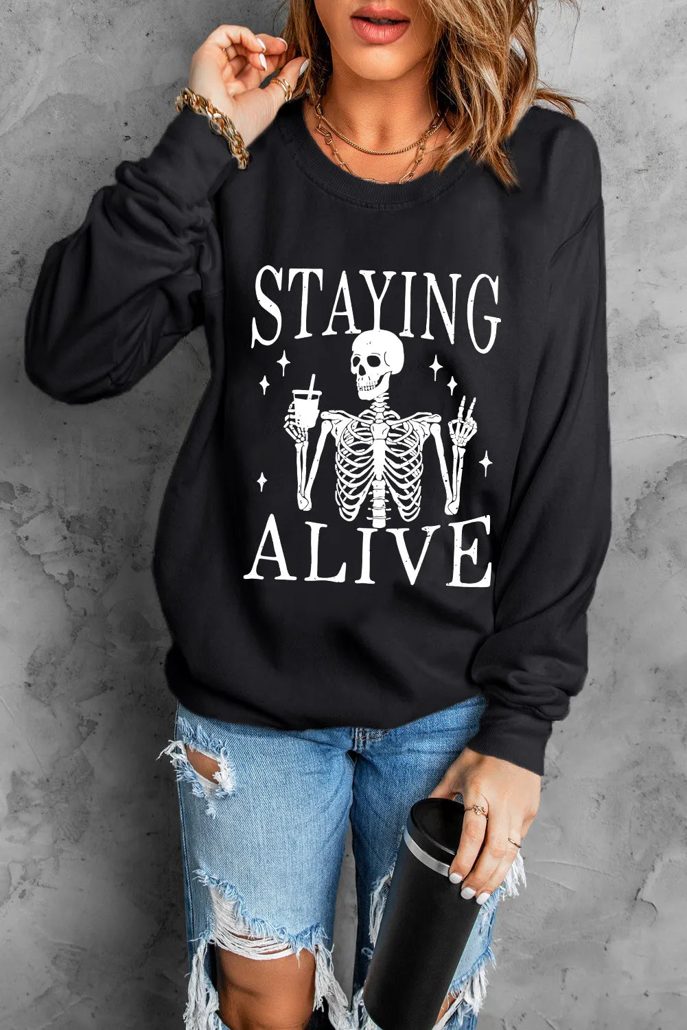 Explore More Collection - Skull Graphic Round Neck Long Sleeve Sweatshirt