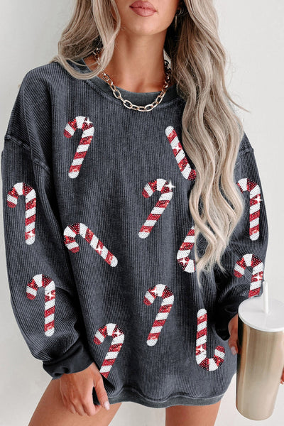 Explore More Collection - Sequin Candy Cane Round Neck Sweatshirt