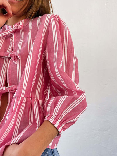 Explore More Collection - Tied Round Neck Balloon Sleeve Shirt