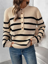 Explore More Collection - Perfee Striped Half Button Long Sleeve Sweater