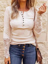 Explore More Collection - Lace Detail Half Button Round Neck Long Sleeve T-Shirt