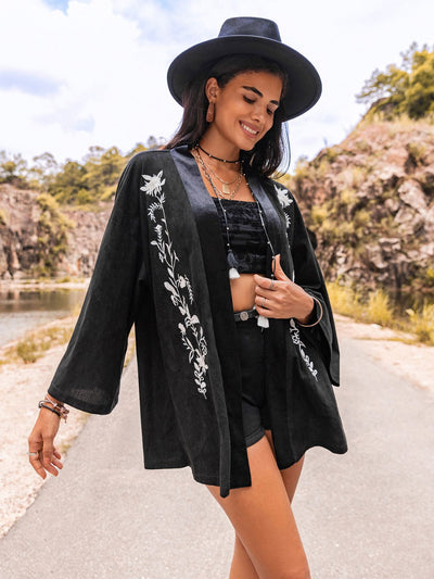 Explore More Collection - Embroidered Open Front Long Sleeve Cardigan