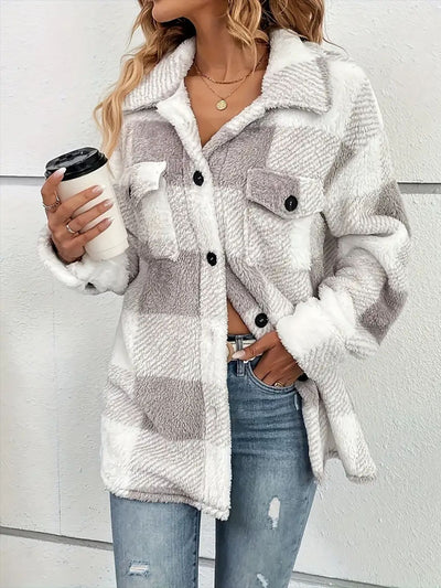 Explore More Collection - Plaid Dropped Shoulder Long Sleeve Plush Coat