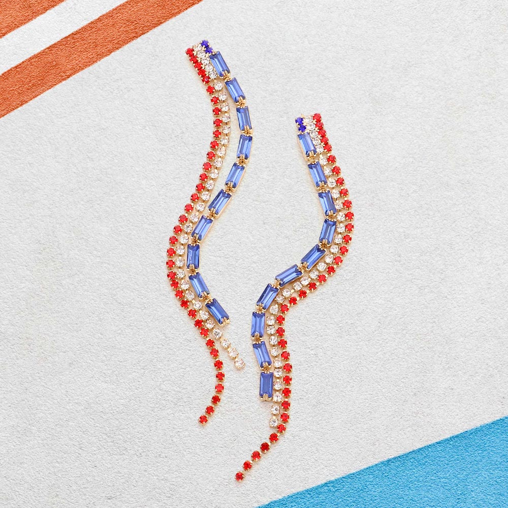 American USA Flag Dropped Rhinestone Earrings