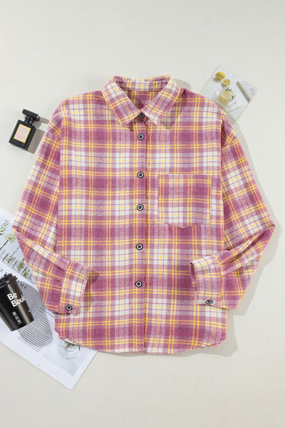 Explore More Collection - Plaid Collared Neck Long Sleeve Shacket