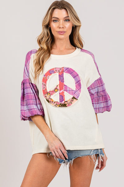 Explore More Collection - SAGE + FIG Full Size Peace Applique Patch with Plaid Contrast Top