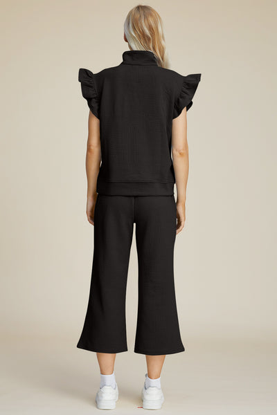 Explore More Collection - Double Take Full Size Texture Ruffle Short Sleeve Top and Wide Leg Pants Set