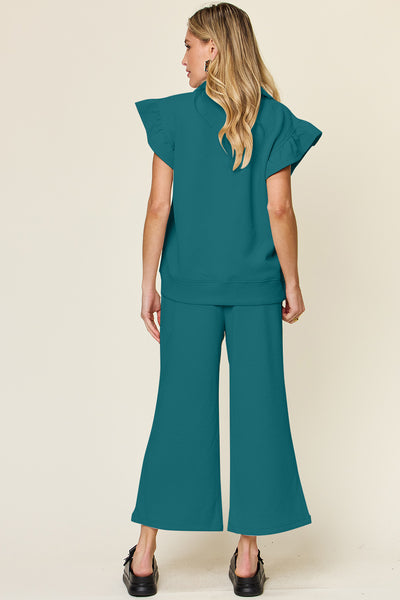 Explore More Collection - Double Take Texture Ruffle Short Sleeve Top and Drawstring Wide Leg Pants Set