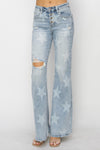 Explore More Collection - RISEN Mid Rise Button Fly Start Print Flare Jeans