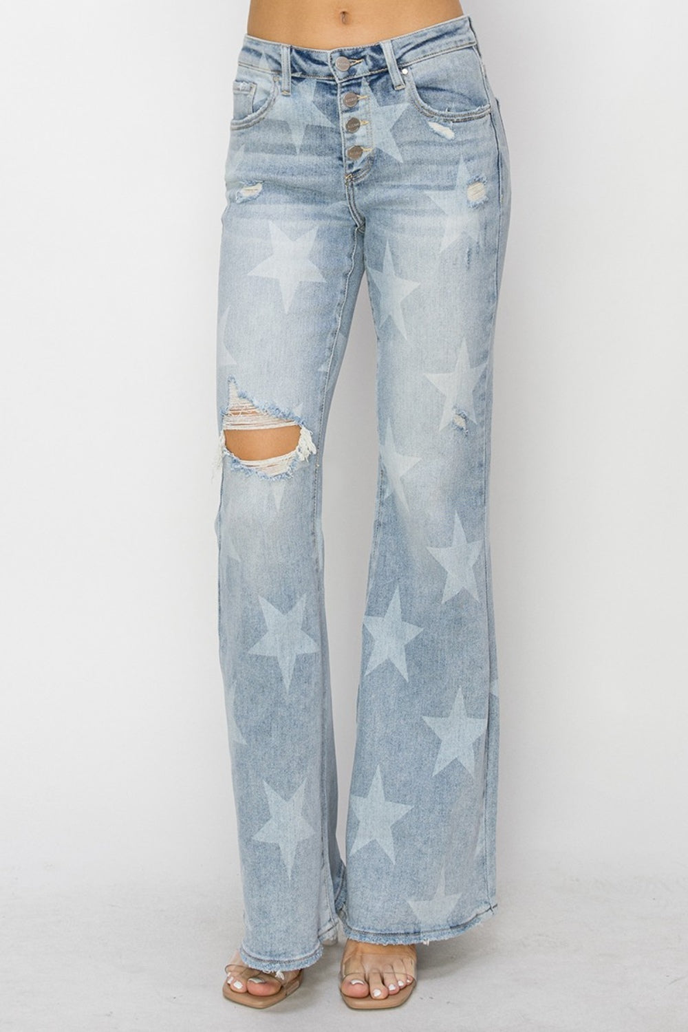 Explore More Collection - RISEN Mid Rise Button Fly Start Print Flare Jeans