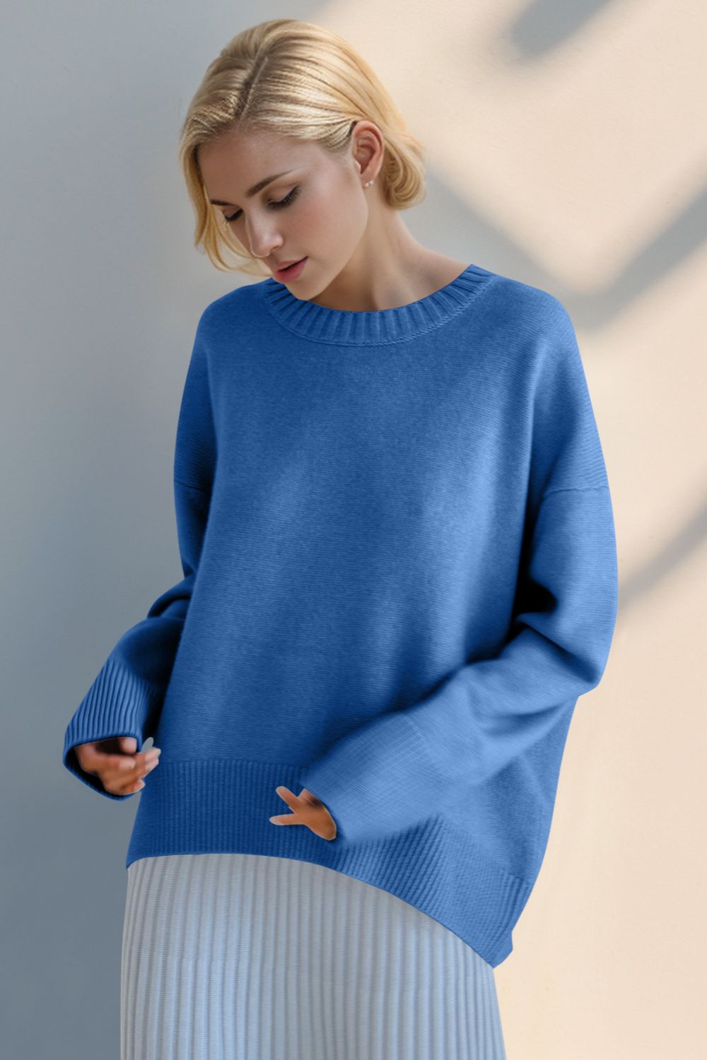 Explore More Collection - Basic Bae Round Neck Dropped Shoulder Sweater