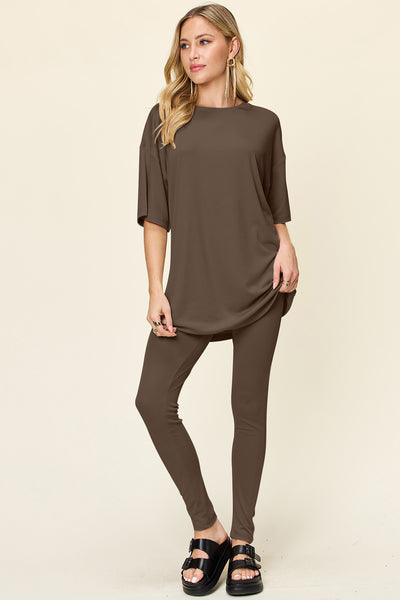 Explore More Collection - Double Take Full Size Round Neck Dropped Shoulder T-Shirt and Leggings Set