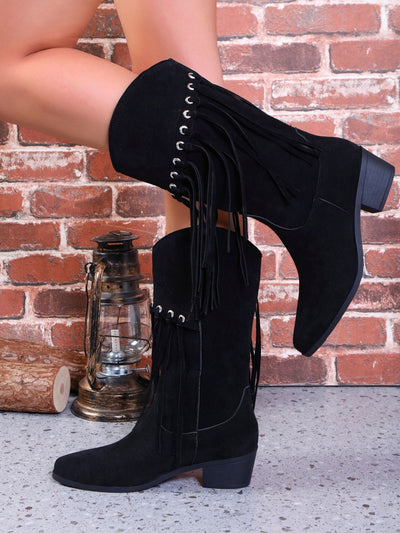 Explore More Collection - Fringe Suede Point Toe Block Heel Boots