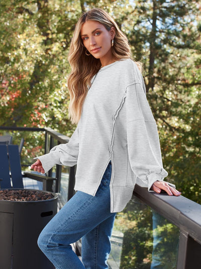 Explore More Collection - Slit Round Neck Long Sleeve Sweatshirt