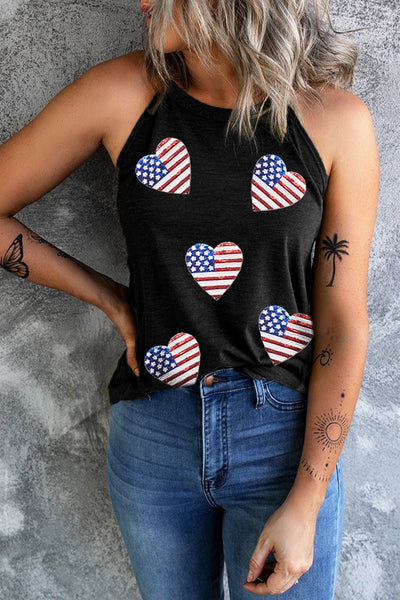 Explore More Collection - Heart US Flag Round Neck Grecian Neck Tank