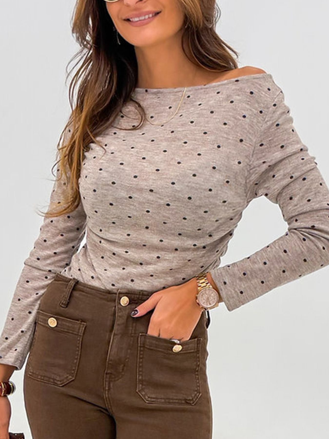 Polka Dot Boat Neck Knit Long Sleeve T Shirt
