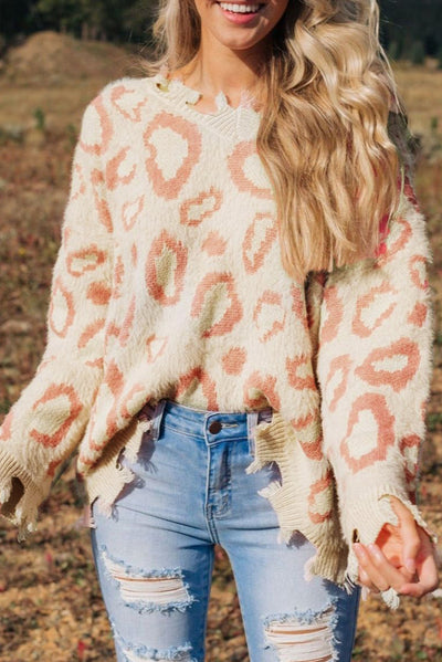 Explore More Collection - Distressed Trim Leopard V-Neck Sweater