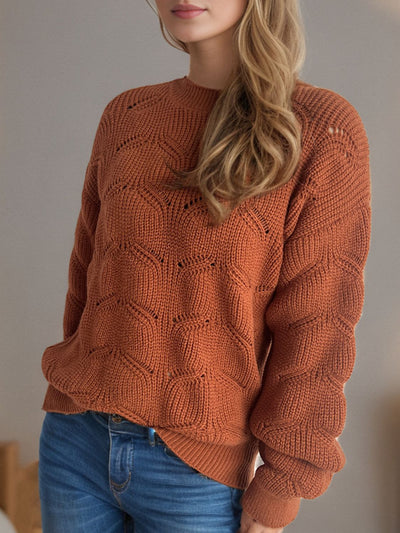 Explore More Collection - Openwork Round Neck Dropped Shoulder Sweater