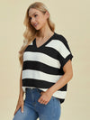 Explore More Collection - Double Take Full Size Striped V-Neck Short Sleeve Sweater