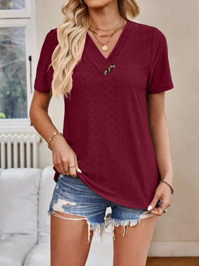 Explore More Collection - Eyelet V-Neck Short Sleeve Top