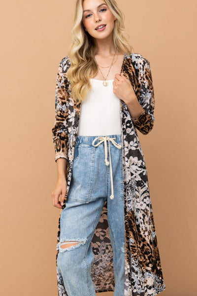 Explore More Collection - And The Why Leopard Kimono Open Front Longline Cardigan