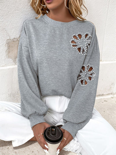 Explore More Collection - Perfee Cutout Pearl Round Neck Long Sleeve Sweatshirt