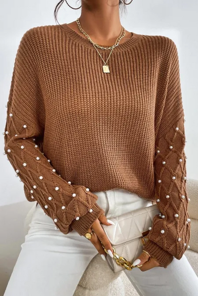 Explore More Collection - Pearl Detail Round Neck Long Sleeve Sweater