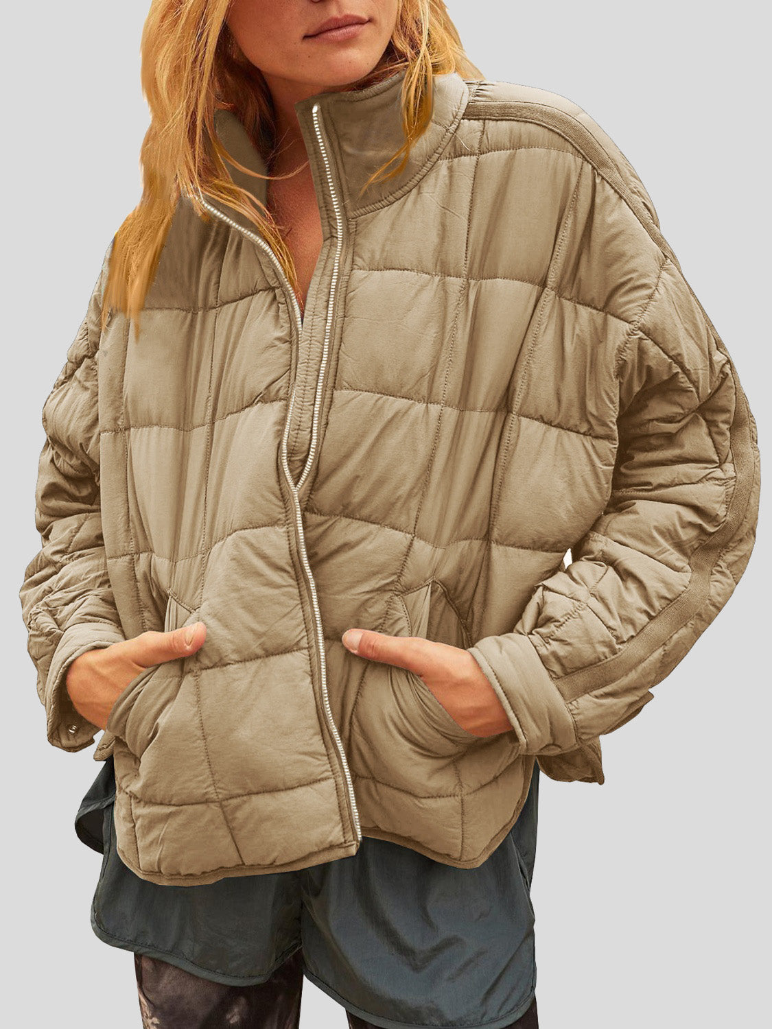 Explore More Collection - Pocketed Plaid Quilted Zip Up Winter Coat