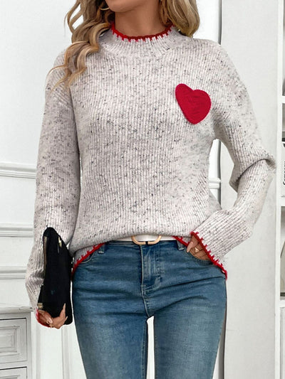 Explore More Collection - Contrast Heart Round Neck Long Sleeve Sweater