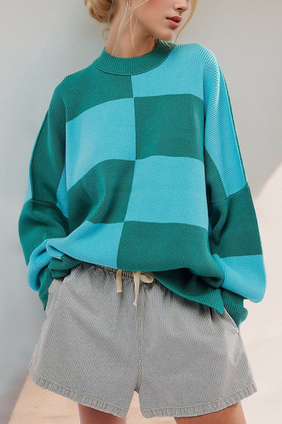 Explore More Collection - Double Take Slit Color Block Mock Neck Batwing Sleeve Sweater