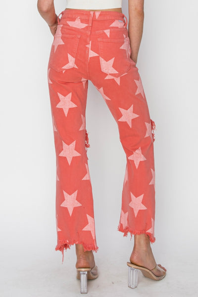 Explore More Collection - RISEN Full Size Distressed Raw Hem Star Pattern Jeans