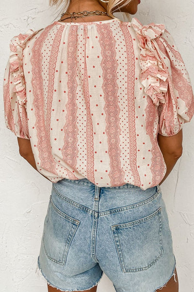 Explore More Collection - Ruffled Printed Tie Neck Short Sleeve Blouse