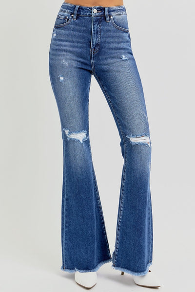 Explore More Collection - RISEN Full Size High Rise Distressed Raw Hem Flare Jeans