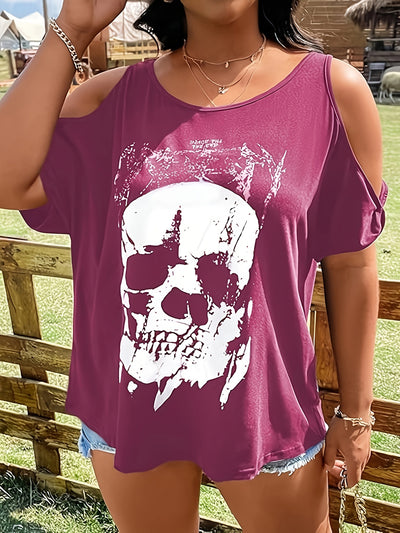 Explore More Collection - Plus Size Skeleton Graphic Round Neck Cold Shoulder T-Shirt