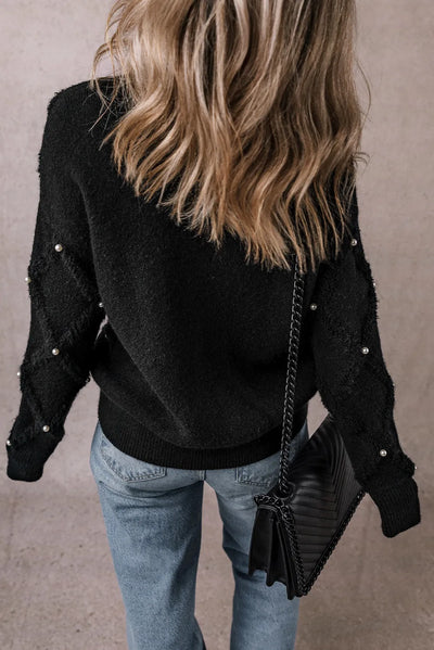 Explore More Collection - Pearl Detail Round Neck Long Sleeve Sweater