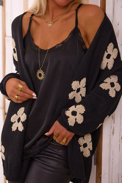 Explore More Collection - Flower Open Front Long Sleeve Cardigan