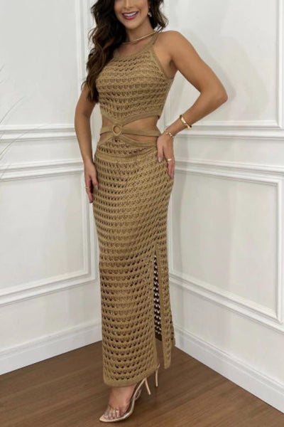 Explore More Collection - Cutout Slit Round Neck Sweater Dress