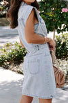 Explore More Collection - Distressed Half Button Cap Sleeve Denim Dress